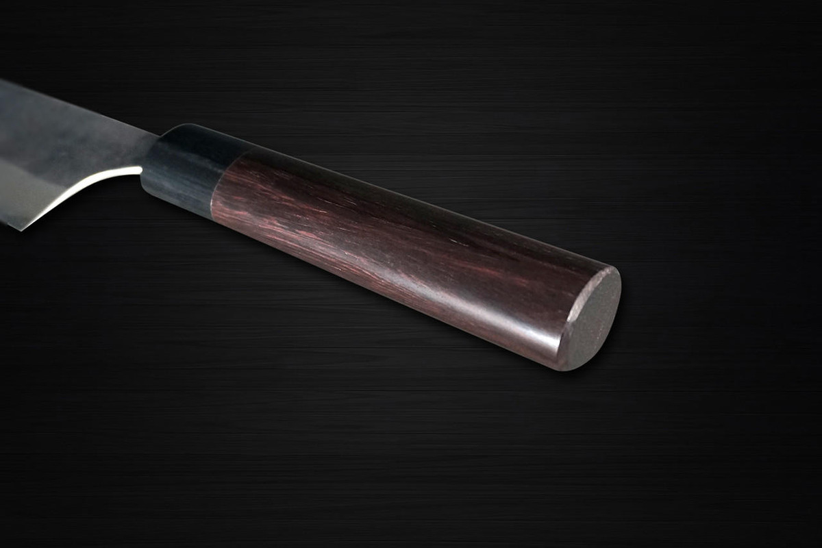 Yoshimi Kato Aogami Super Clad Kurouchi RS Japanese Chef's Gyuto Knife 240mm with Black-Ring Round Handle 