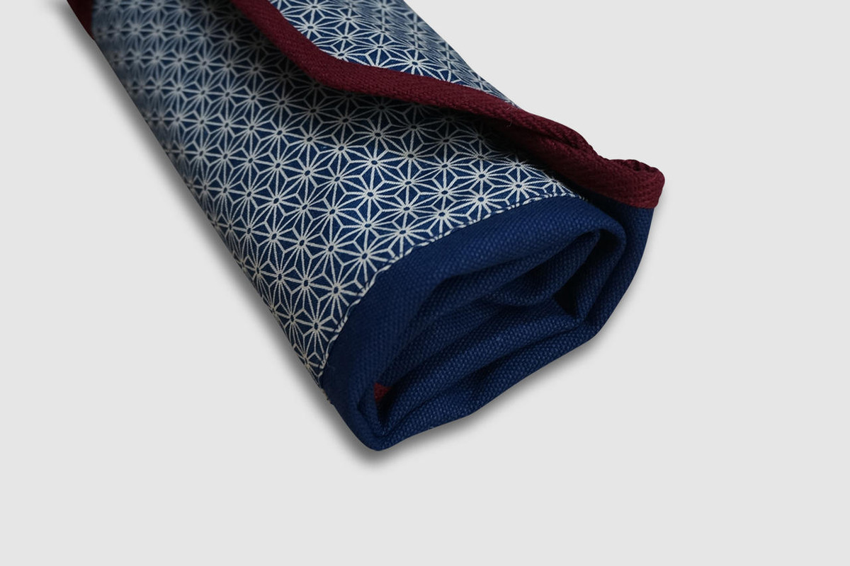 Japanese Style Knife Roll Hemp-Leaf Motif Indigo Large Vermilion Lace 5 Pockets