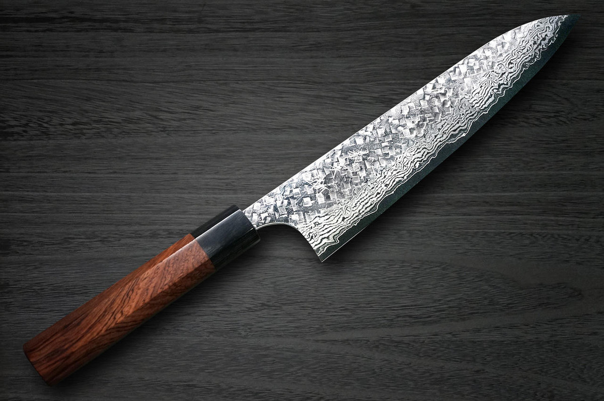 Yoshimi Kato 63 Layer VG10 Damascus Hammered RS8 Japanese Chefs Gyuto Knife 210mm with Black-Ring Octagonal Handle