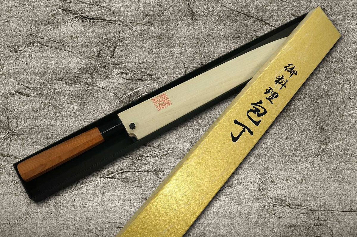 Yoshihiro White No.2 Honyaki MtFuji-Art AFHY Water-Quenched Japanese Chefs YanagibaSashimi 300mm with Saya Sheath and Yew Handle