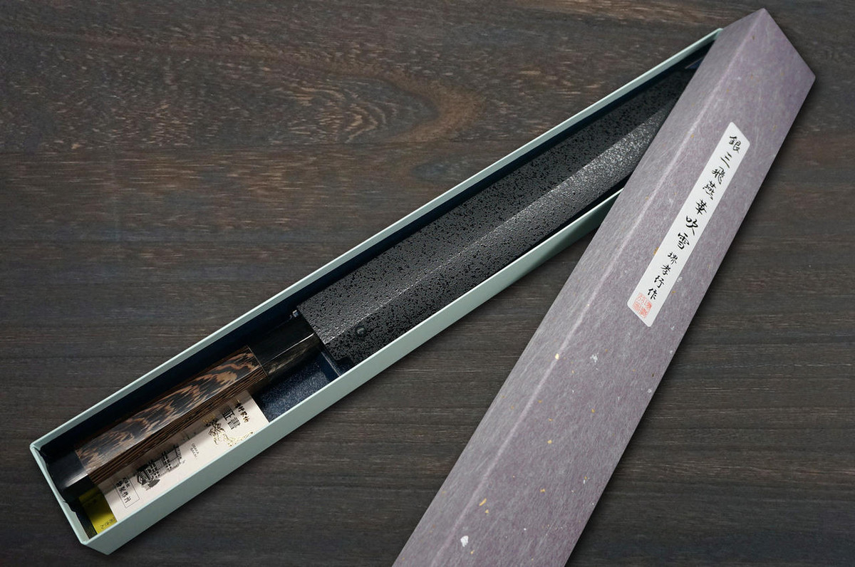 Sakai Takayuki HANAFUBUKI Ginsan Damascus Japanese Sakura Engraved Kengata-YanagibaSashimi 270mm with Wenge Handle and Saya Sheath