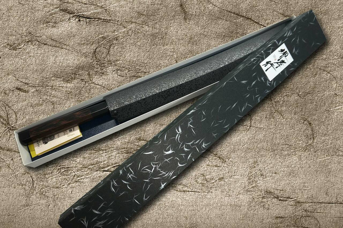 Sakai Takayuki ZANGETSU Ginsan Japanese Chefs Mirrored Sakimaru-TakohikiSashimi 300mm with Wenge Handle and Saya Sheath
