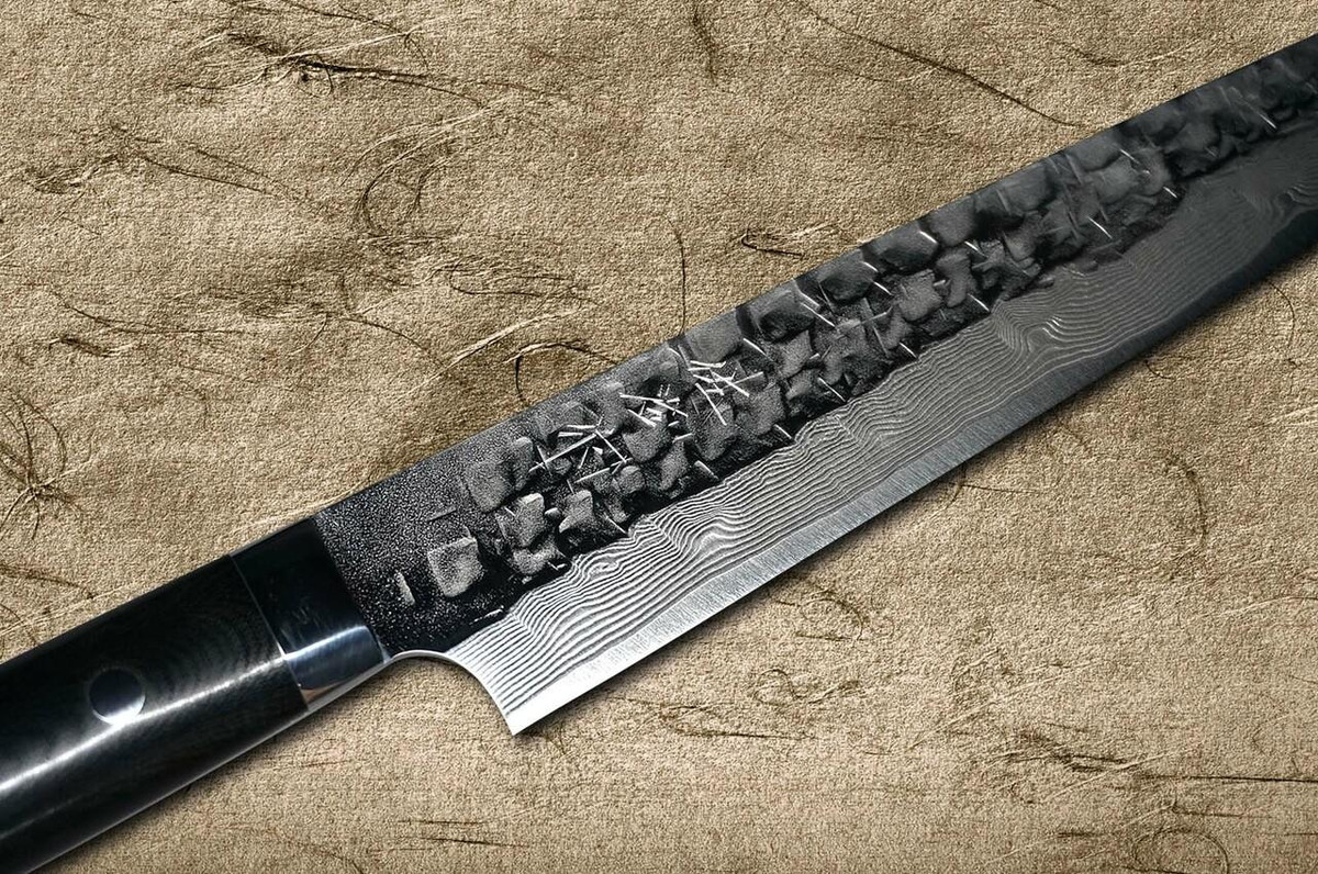 Takeshi Saji VG10 Mirror Hammered Damascus MCB Japanese Chefs SlicerSujihiki 240mm with Black Micarta Handle