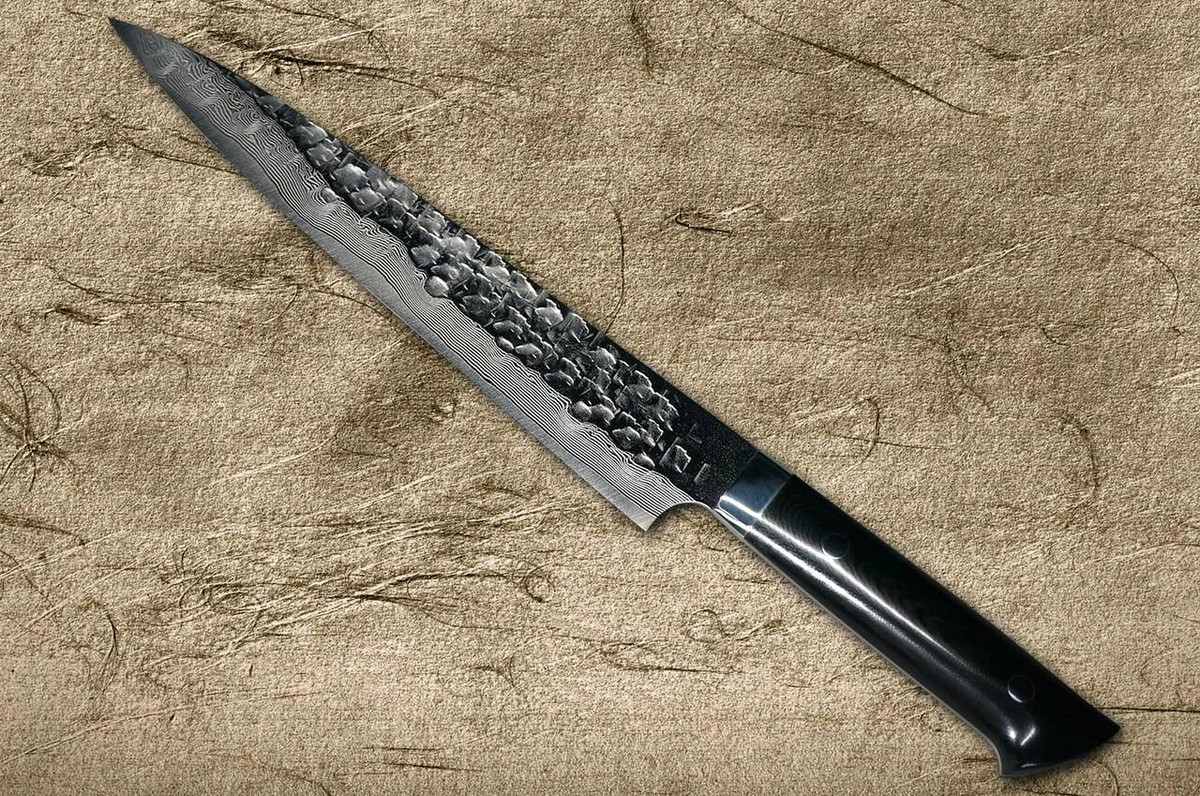 Takeshi Saji VG10 Mirror Hammered Damascus MCB Japanese Chefs SlicerSujihiki 240mm with Black Micarta Handle