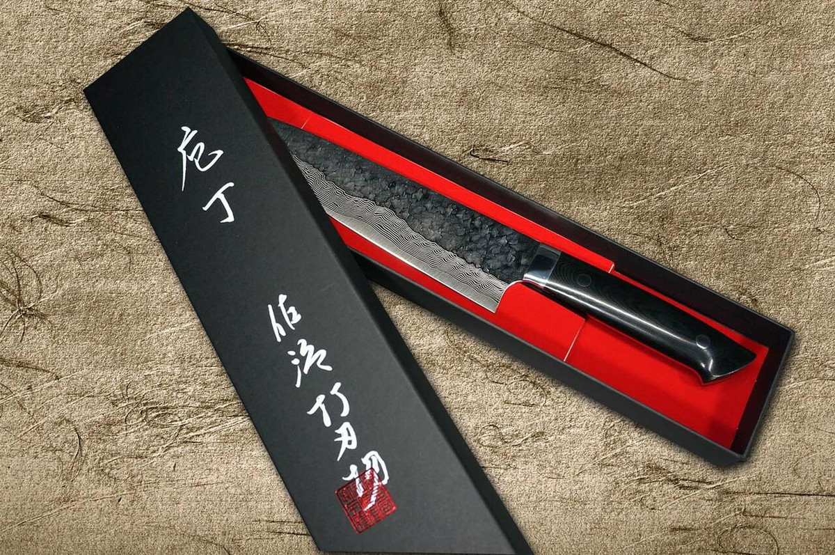 Takeshi Saji VG10 Mirror Hammered Damascus MCB Japanese Chefs Gyuto Knife 210mm with Black Micarta Handle