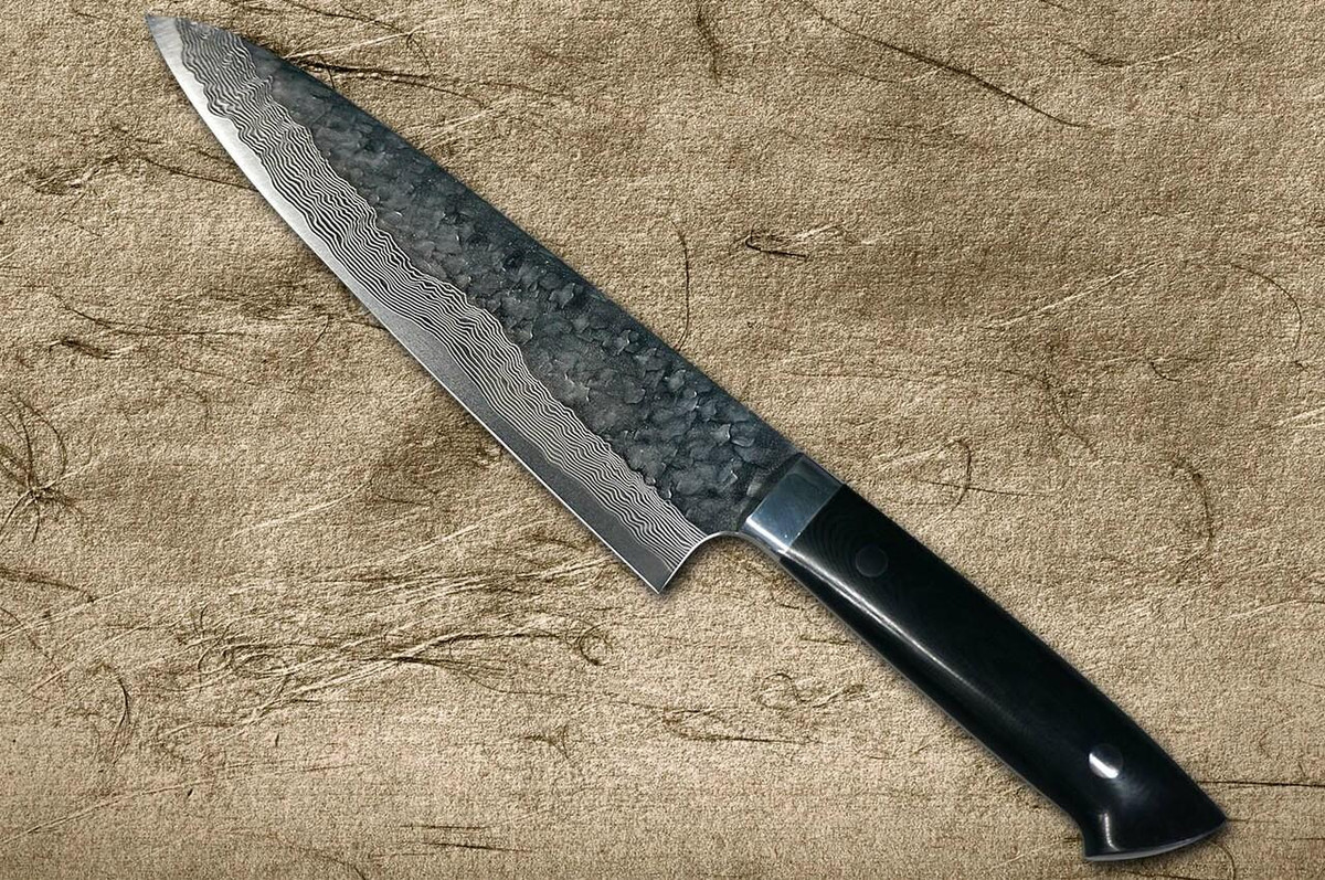 Takeshi Saji VG10 Mirror Hammered Damascus MCB Japanese Chefs Gyuto Knife 210mm with Black Micarta Handle