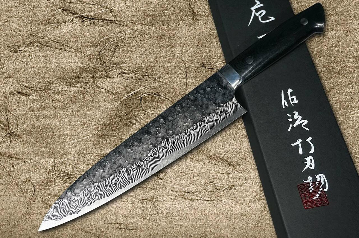Takeshi Saji VG10 Mirror Hammered Damascus MCB Japanese Chefs Gyuto Knife 210mm with Black Micarta Handle