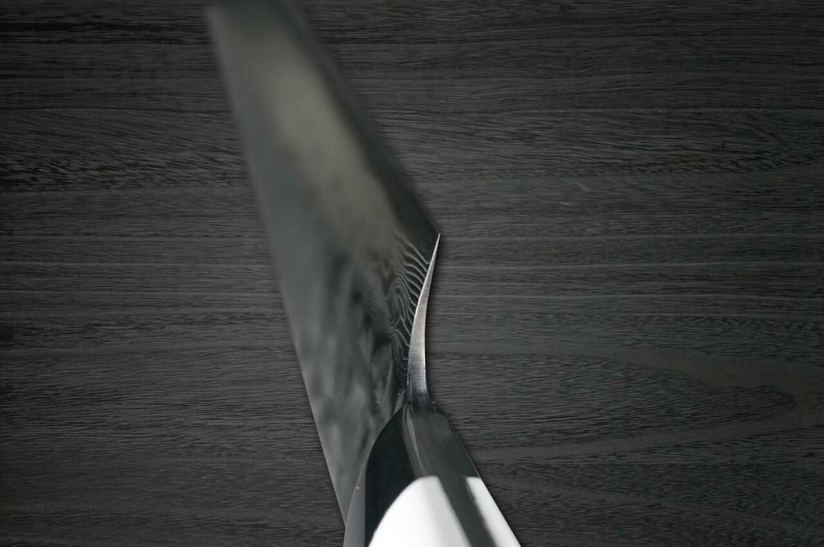 Takeshi Saji VG10 Mirror Hammered Damascus CRW Japanese Chefs SlicerSujihiki 240mm with White Stone Handle