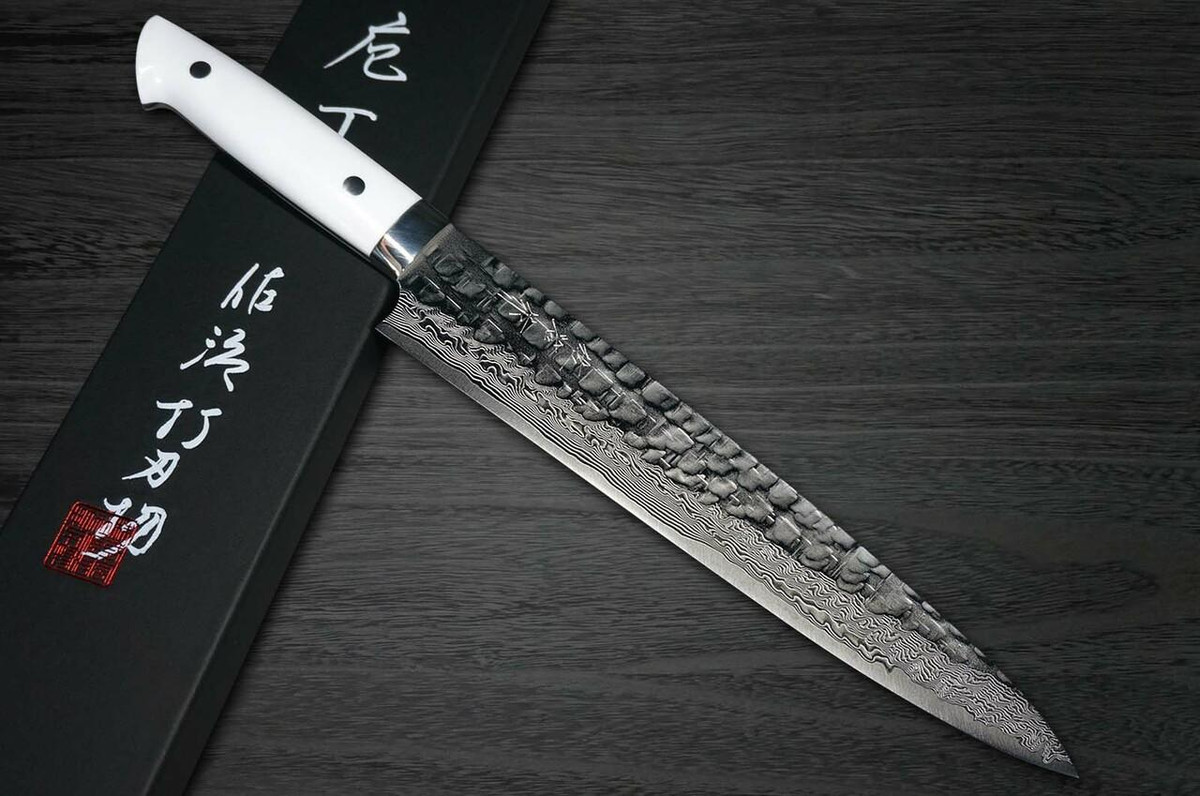 Takeshi Saji VG10 Mirror Hammered Damascus CRW Japanese Chefs SlicerSujihiki 240mm with White Stone Handle