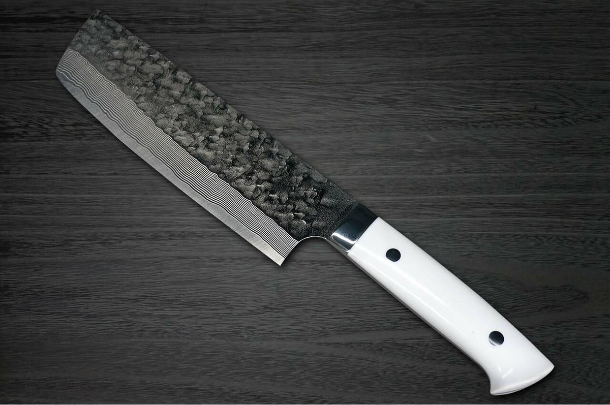 Takeshi Saji VG10 Mirror Hammered Damascus CRW Japanese Chefs NakiriVegetable 170mm with White Stone Handle