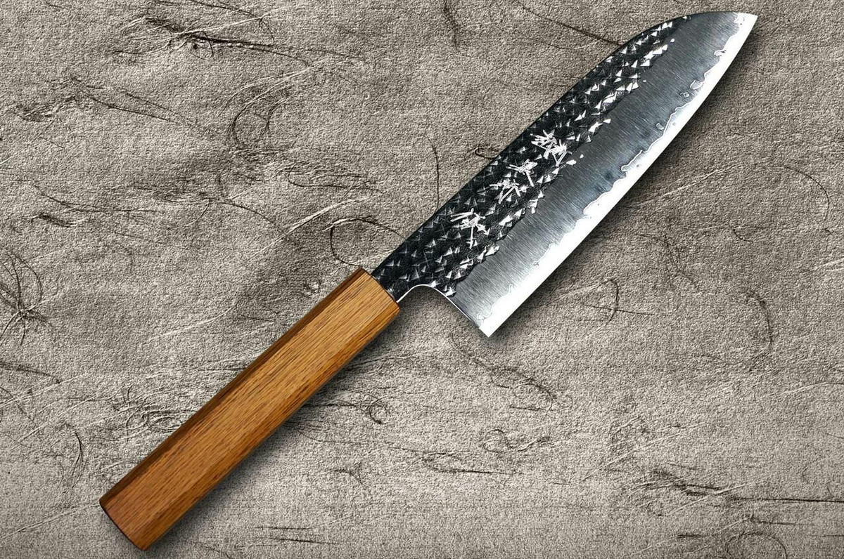 Yu Kurosaki R2SG2 Hammered SENKO WA OK8M Japanese Chefs Santoku Knife 170mm with Urushi Lacquered Oak Handle
