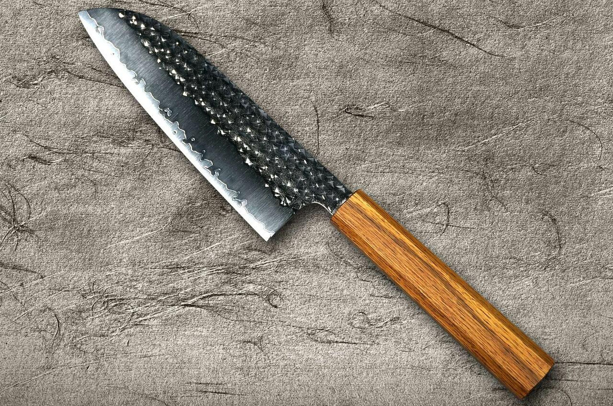 Yu Kurosaki R2SG2 Hammered SENKO WA OK8M Japanese Chefs Santoku Knife 170mm with Urushi Lacquered Oak Handle