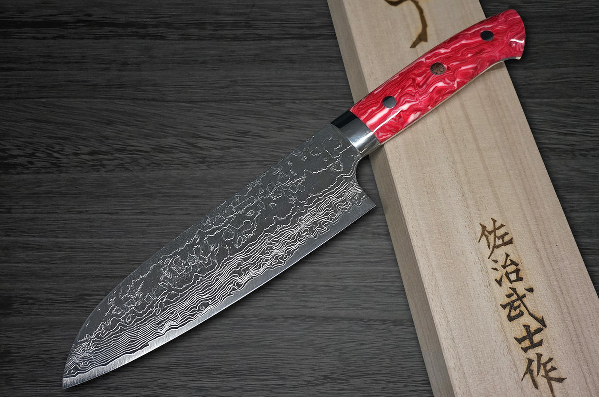 Takeshi Saji R2 Diamond Finish Damascus TCR Japanese Chefs Santoku Knife 180mm with Red Turquoise Handle