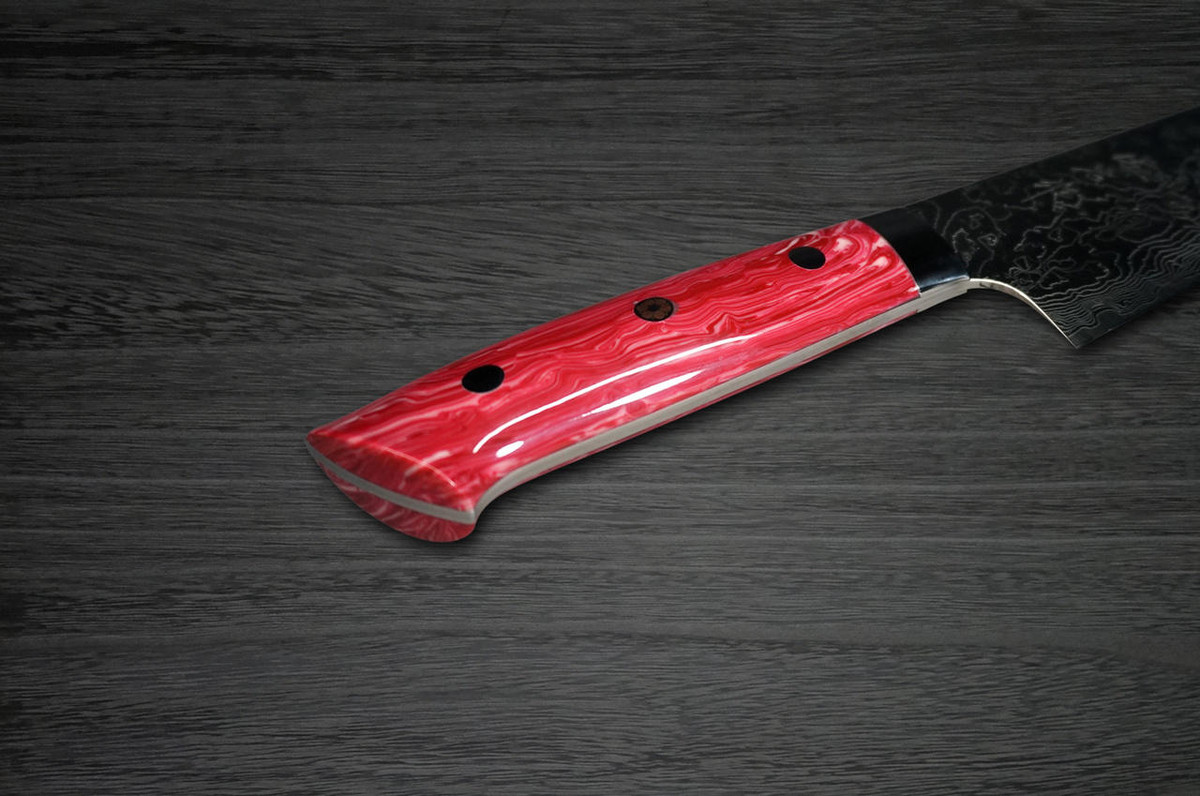 Takeshi Saji R2 Diamond Finish Damascus TCR Japanese Chefs Santoku Knife 180mm with Red Turquoise Handle