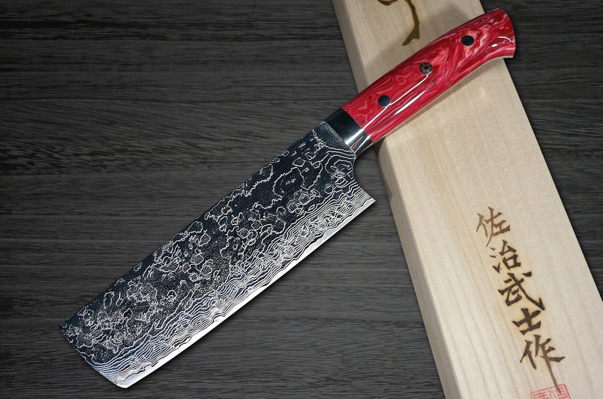 Takeshi Saji R2 Diamond Finish Damascus TCR Japanese Chefs NakiriVegetable 170mm with Red Turquoise Handle