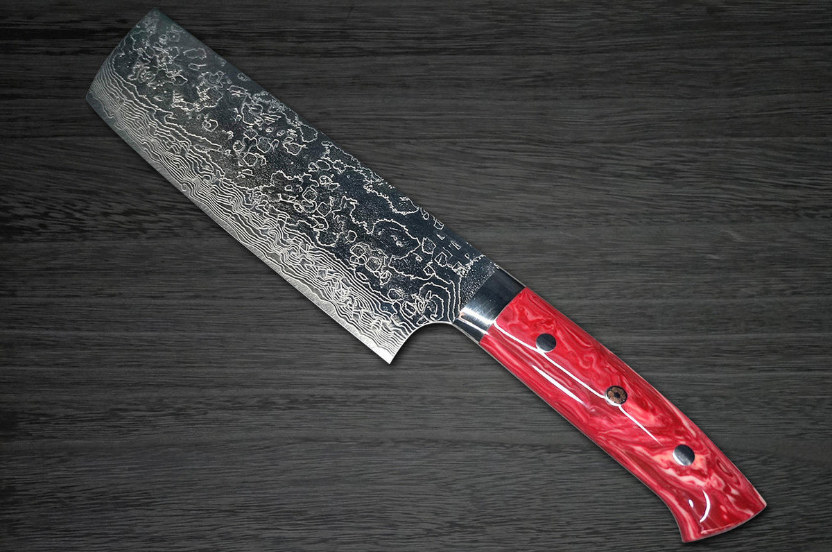 Takeshi Saji R2 Diamond Finish Damascus TCR Japanese Chefs NakiriVegetable 170mm with Red Turquoise Handle