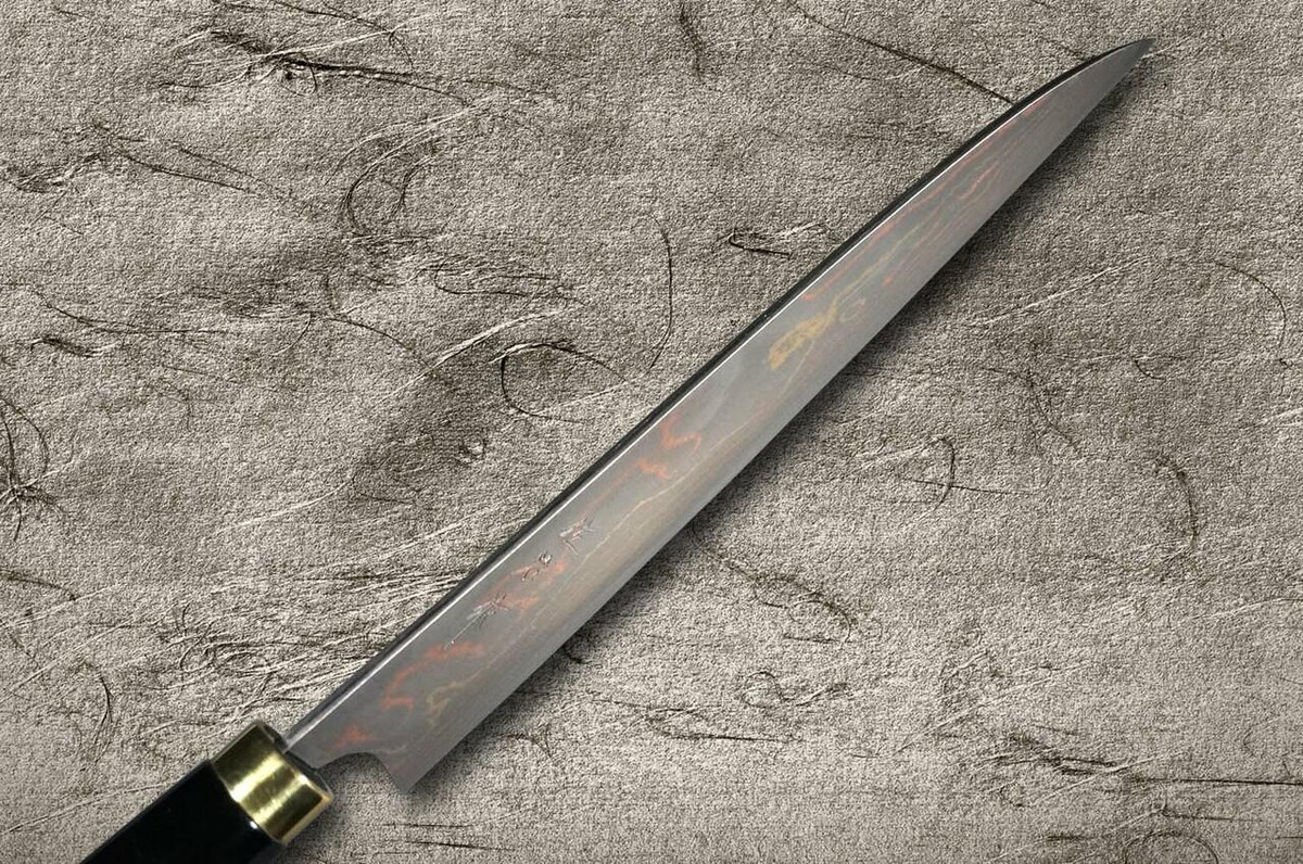 Takeshi Saji Makie-Art Aogami No.2 Colored Damascus Japanese Chefs Gyuto Knife 210mm with Urushi Lacquered Saya and Handle FUJIN RAIJIN