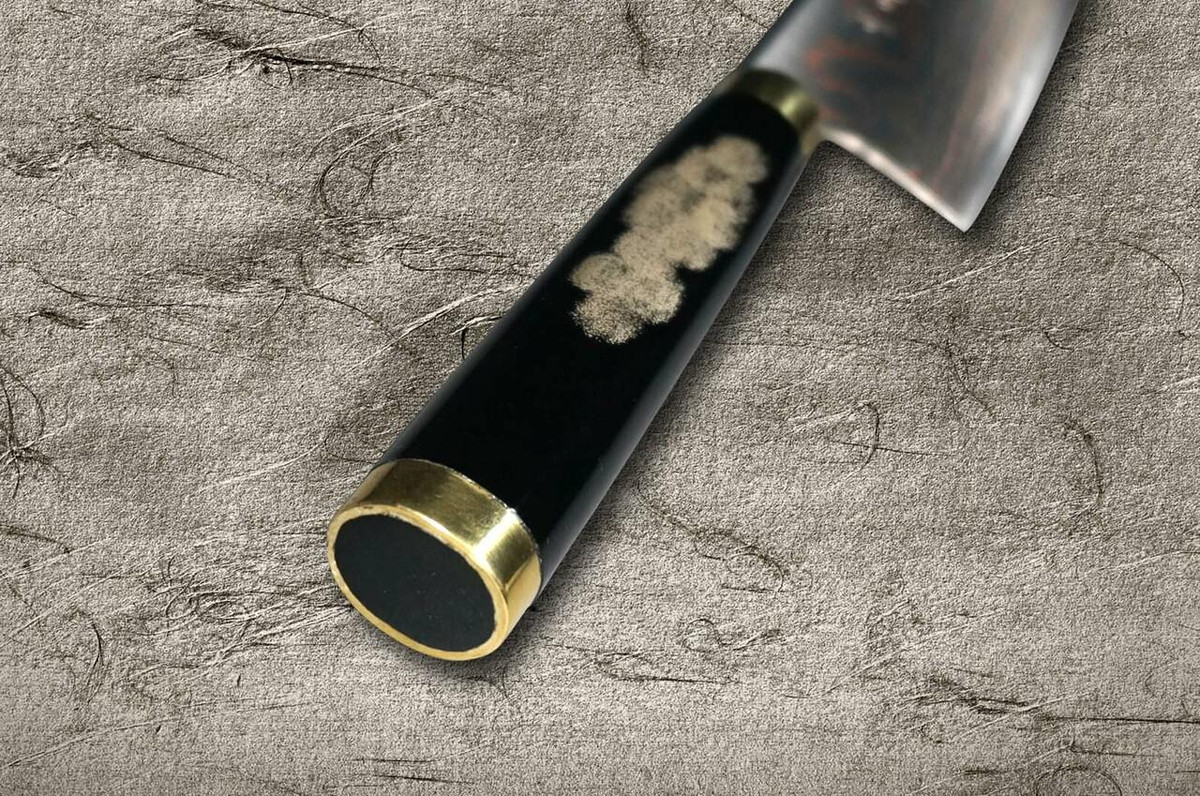 Takeshi Saji Makie-Art Aogami No.2 Colored Damascus Japanese Chefs Gyuto Knife 210mm with Urushi Lacquered Saya and Handle FUJIN RAIJIN