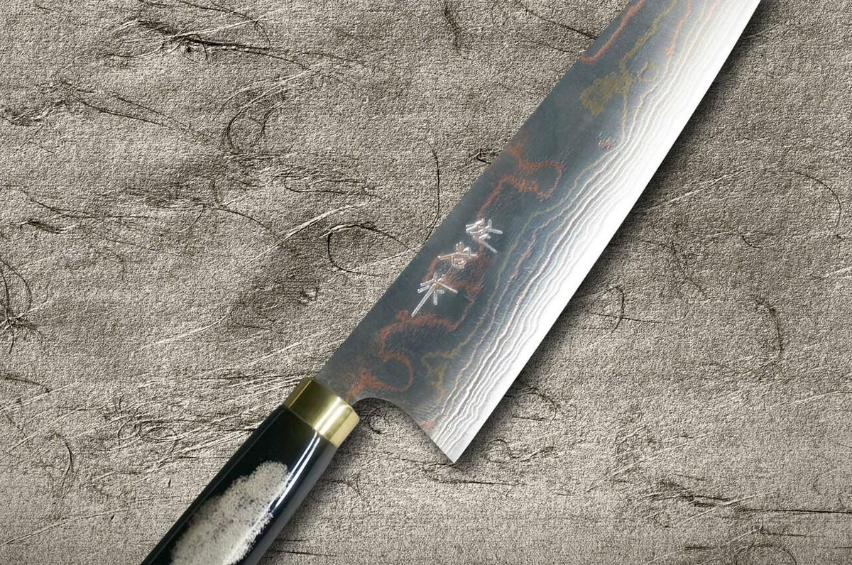 Takeshi Saji Makie-Art Aogami No.2 Colored Damascus Japanese Chefs Gyuto Knife 210mm with Urushi Lacquered Saya and Handle FUJIN RAIJIN