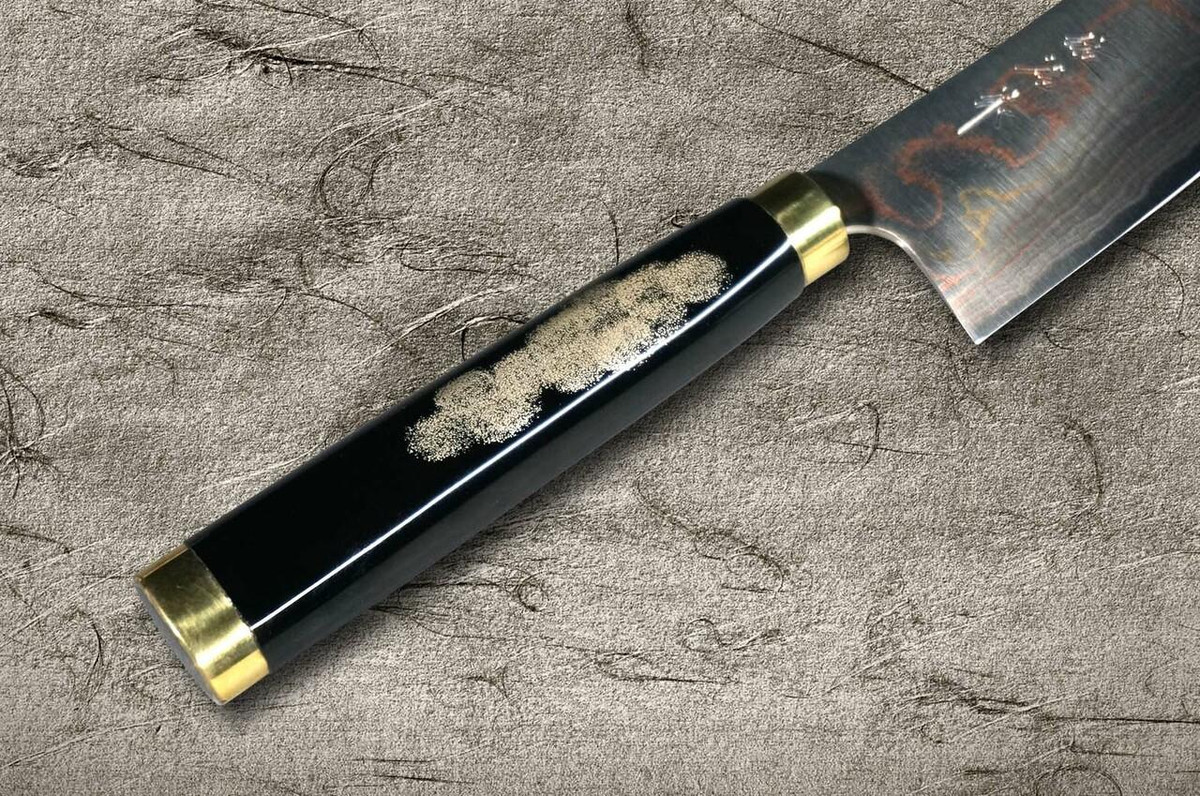 Takeshi Saji Makie-Art Aogami No.2 Colored Damascus Japanese Chefs Gyuto Knife 210mm with Urushi Lacquered Saya and Handle FUJIN RAIJIN