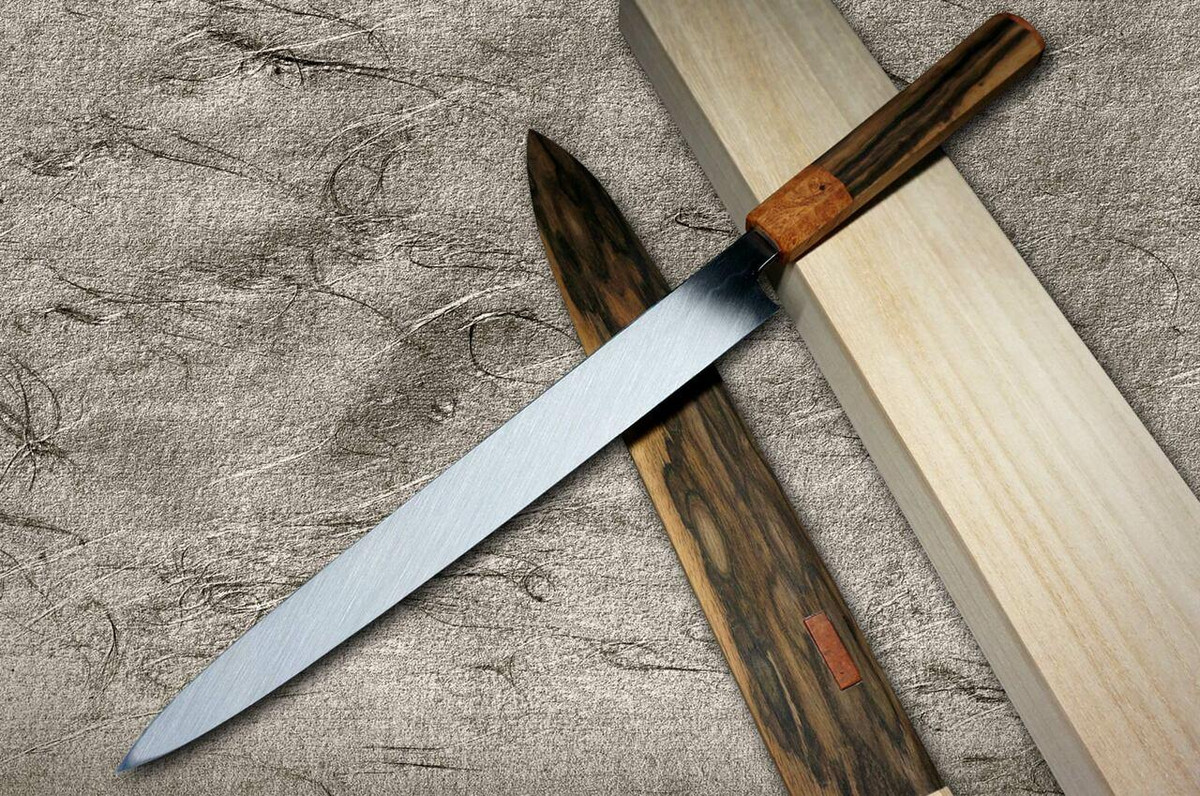 Yoshihiro Senbon Kurogaki Edition White No.2 Honyaki MtFuji-Art YanagibaSashimi 300mm with Special Black Persimmon Handle and Saya in Paulownia Box
