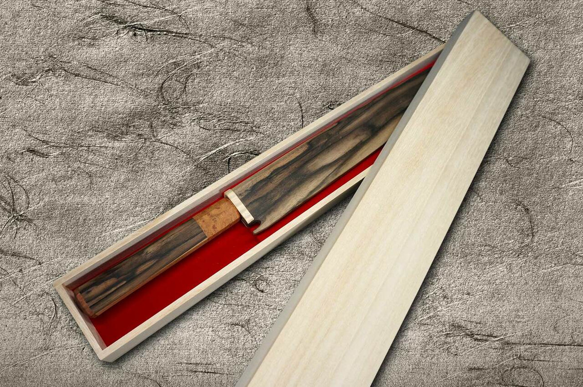 Yoshihiro Senbon Kurogaki Edition White No.2 Honyaki MtFuji-Art YanagibaSashimi 300mm with Special Black Persimmon Handle and Saya in Paulownia Box