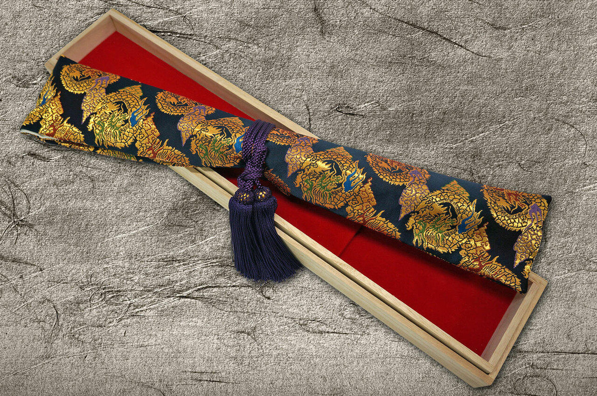 Yoshihiro Senbon Kurogaki Edition White No.2 Honyaki Blood-Drip-Art YanagibaSashimi 300mm with Special Black Persimmon Handle and Saya in Paulownia Box