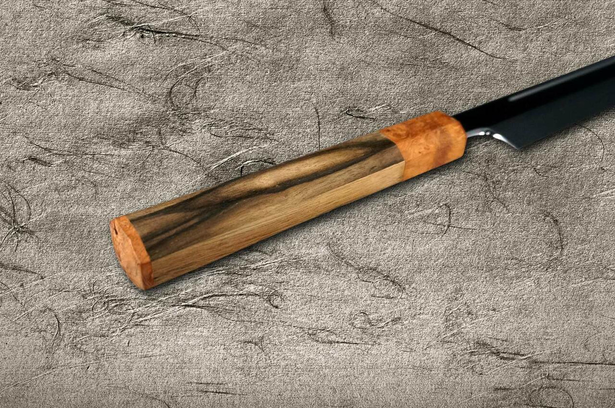 Yoshihiro Senbon Kurogaki Edition White No.2 Honyaki Blood-Drip-Art YanagibaSashimi 330mm with Special Black Persimmon Handle and Saya in Paulownia Box