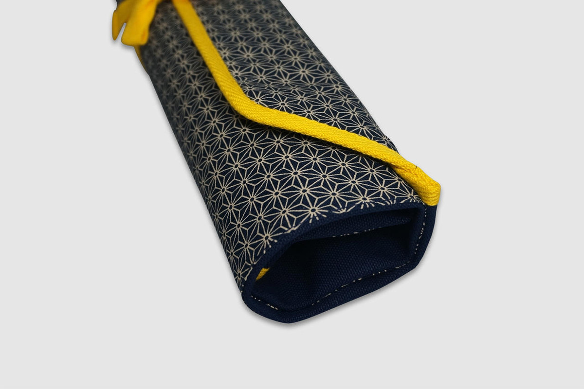Japanese Style Knife Roll Hemp-Leaf Motif Indigo Large Gold Yellow Lace 5 Pockets