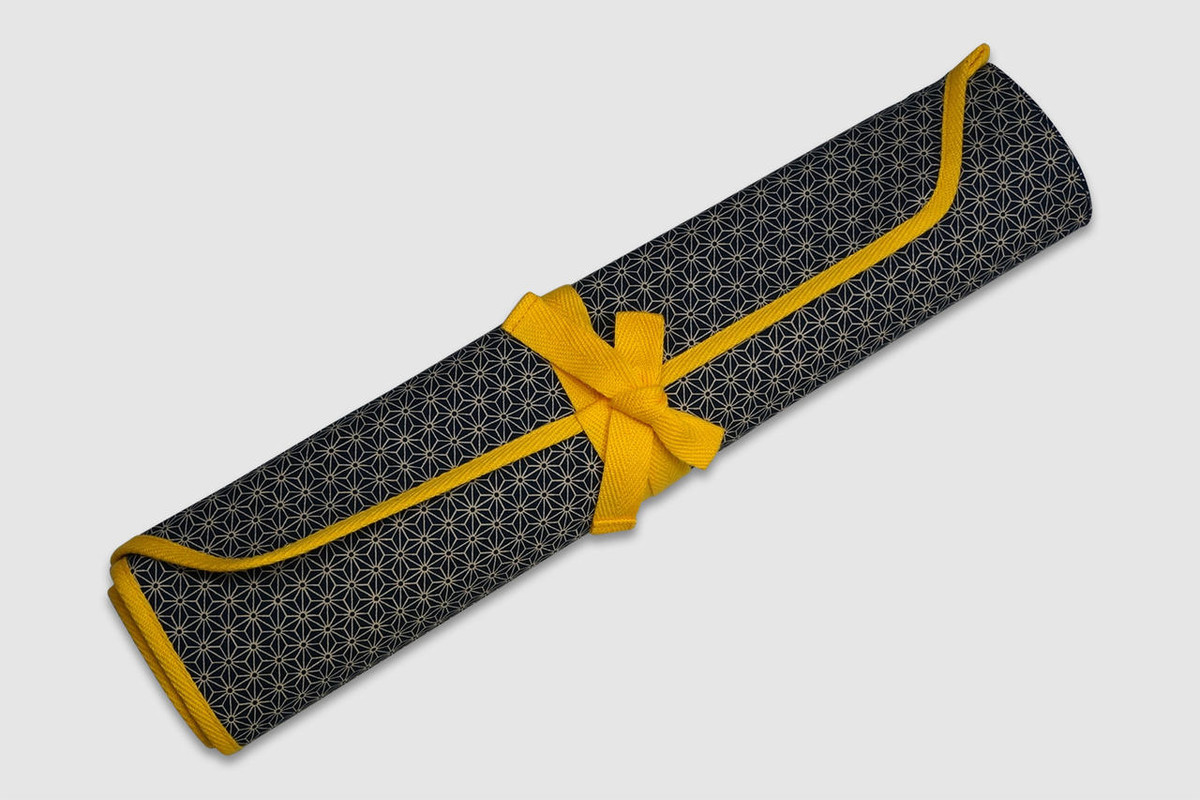 Japanese Style Knife Roll Hemp-Leaf Motif Indigo Large Gold Yellow Lace 5 Pockets