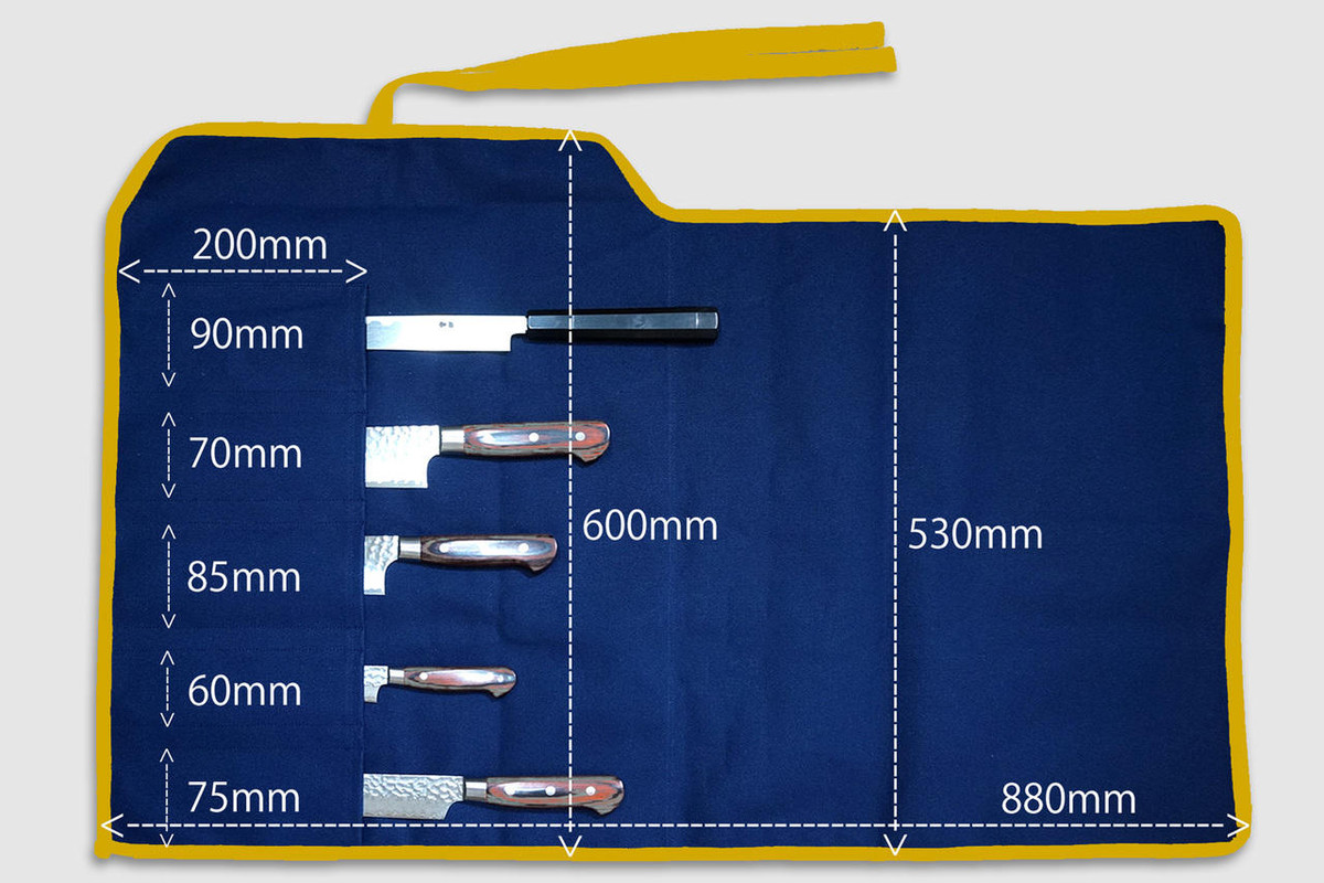 Japanese Style Knife Roll Hemp-Leaf Motif Indigo Large Gold Yellow Lace 5 Pockets