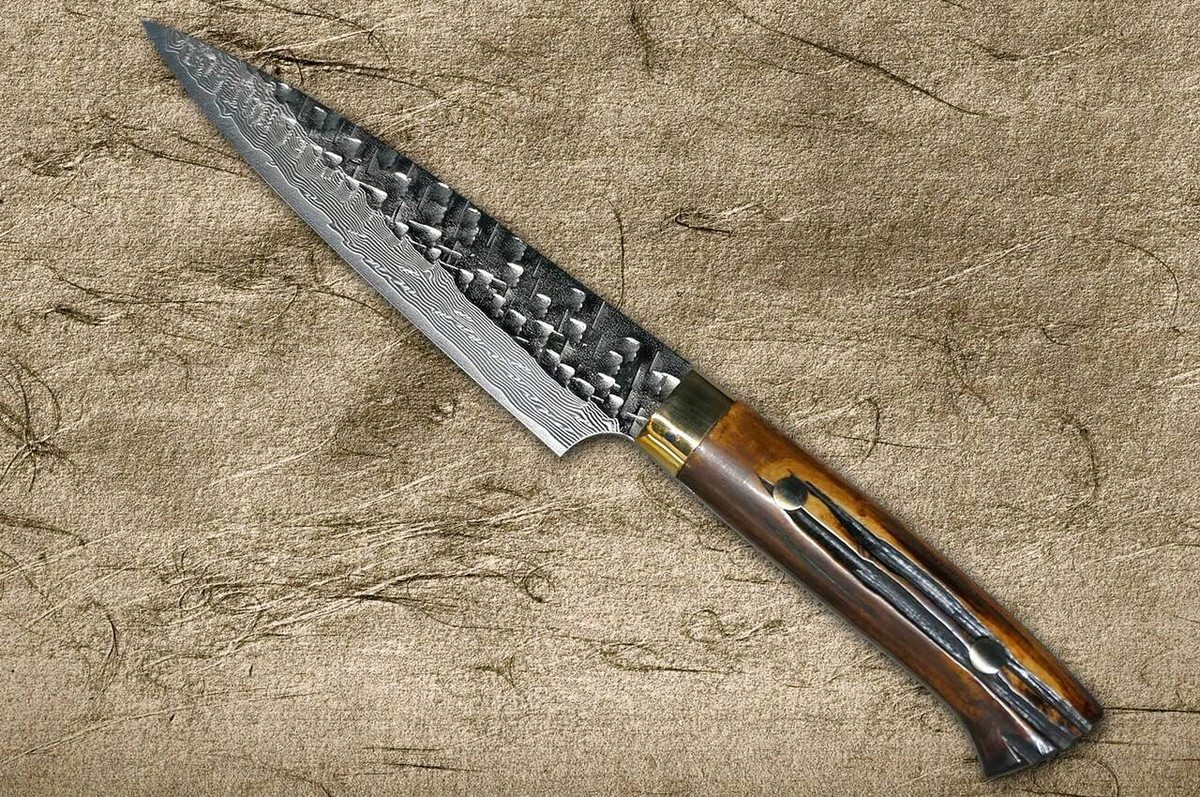 Takeshi Saji VG10 Mirror Hammered Damascus DHM Japanese Chefs Petty KnifeUtility 150mm with Brown Antler Handle