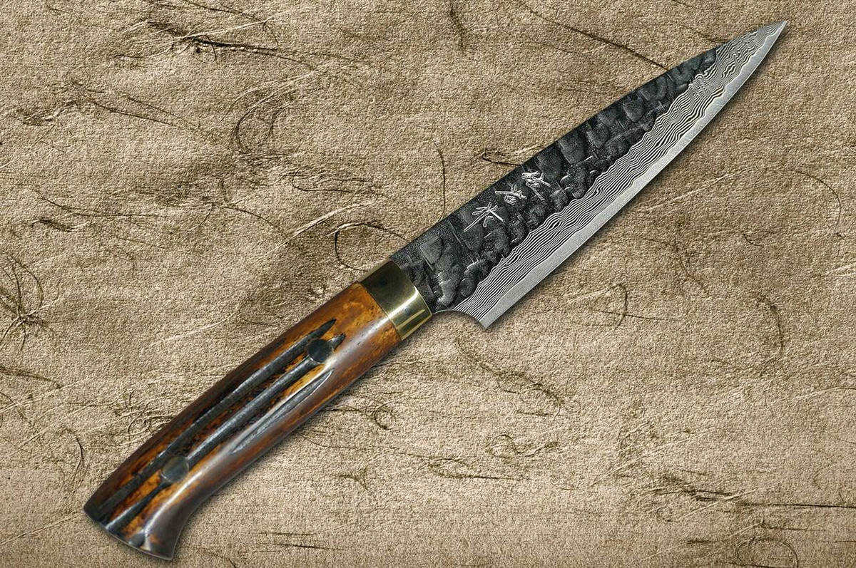 Takeshi Saji VG10 Mirror Hammered Damascus DHM Japanese Chefs Petty KnifeUtility 150mm with Brown Antler Handle