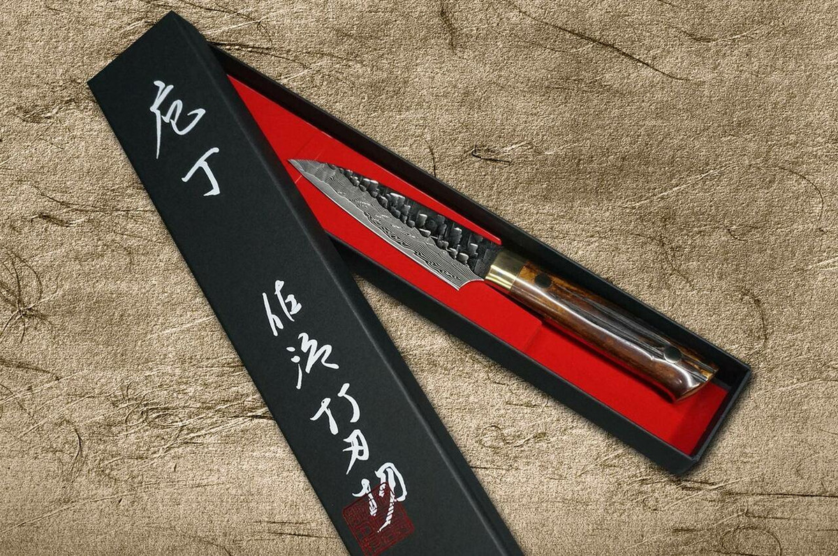 Takeshi Saji VG10 Mirror Hammered Damascus DHM Japanese Chefs Petty KnifeUtility 90mm with Brown Antler Handle