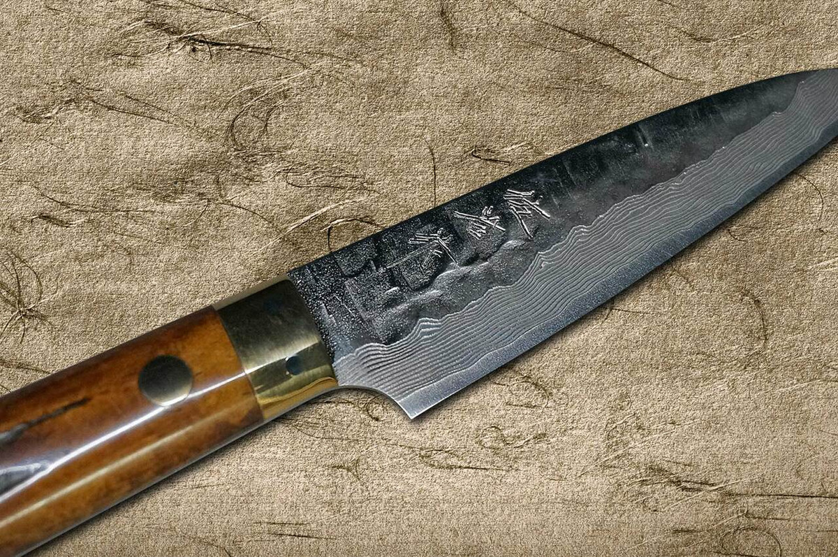 Takeshi Saji VG10 Mirror Hammered Damascus DHM Japanese Chefs Petty KnifeUtility 90mm with Brown Antler Handle
