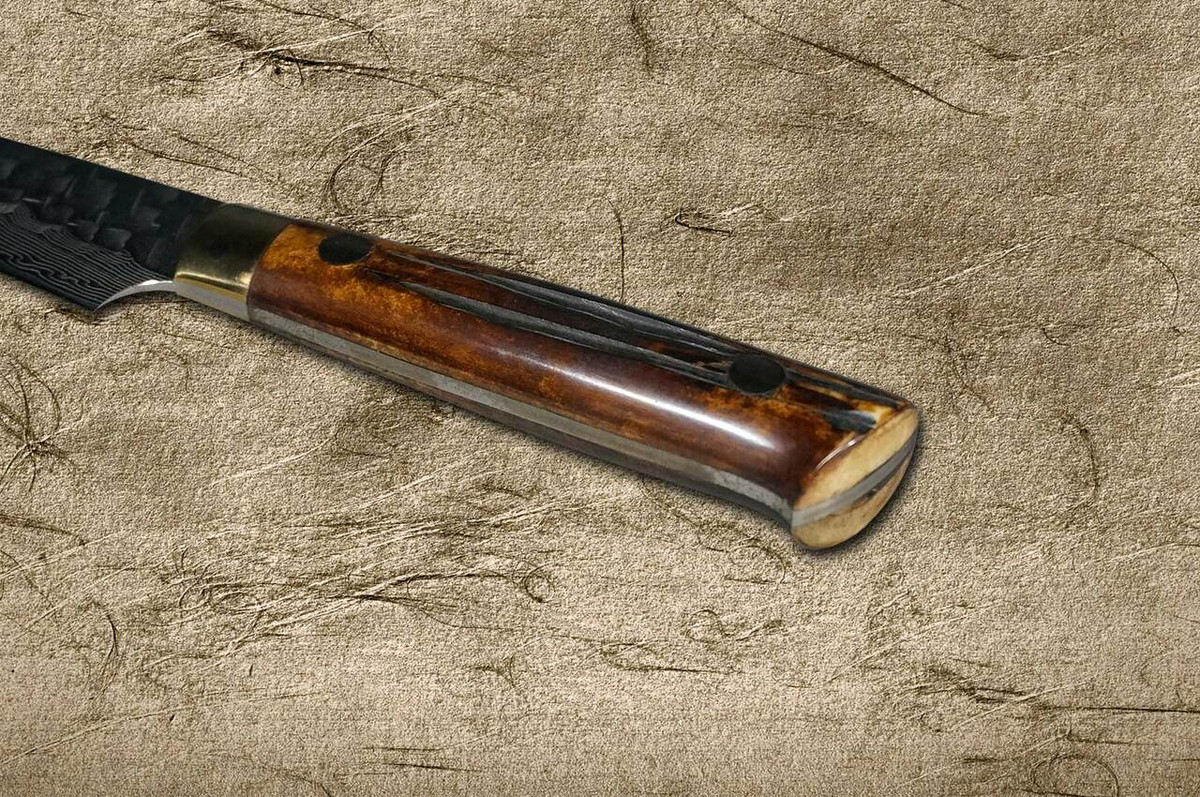 Takeshi Saji VG10 Mirror Hammered Damascus DHM Japanese Chefs Petty KnifeUtility 90mm with Brown Antler Handle