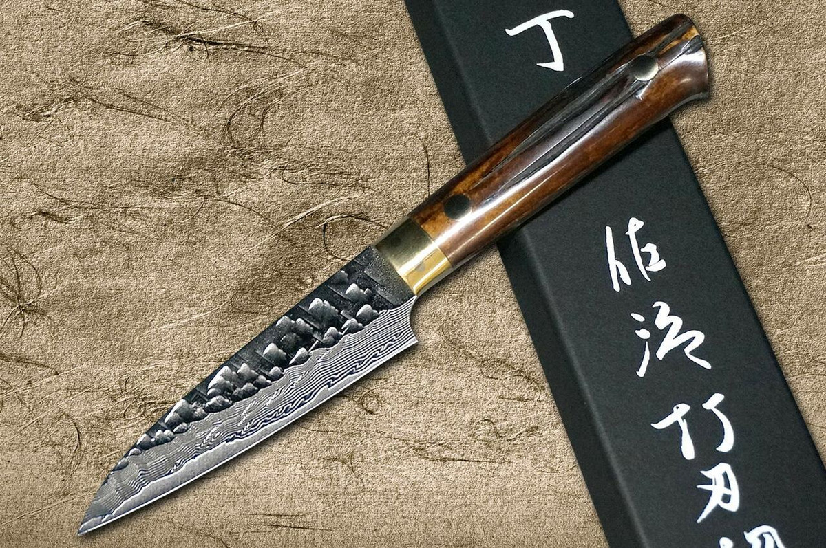 Takeshi Saji VG10 Mirror Hammered Damascus DHM Japanese Chefs Petty KnifeUtility 90mm with Brown Antler Handle