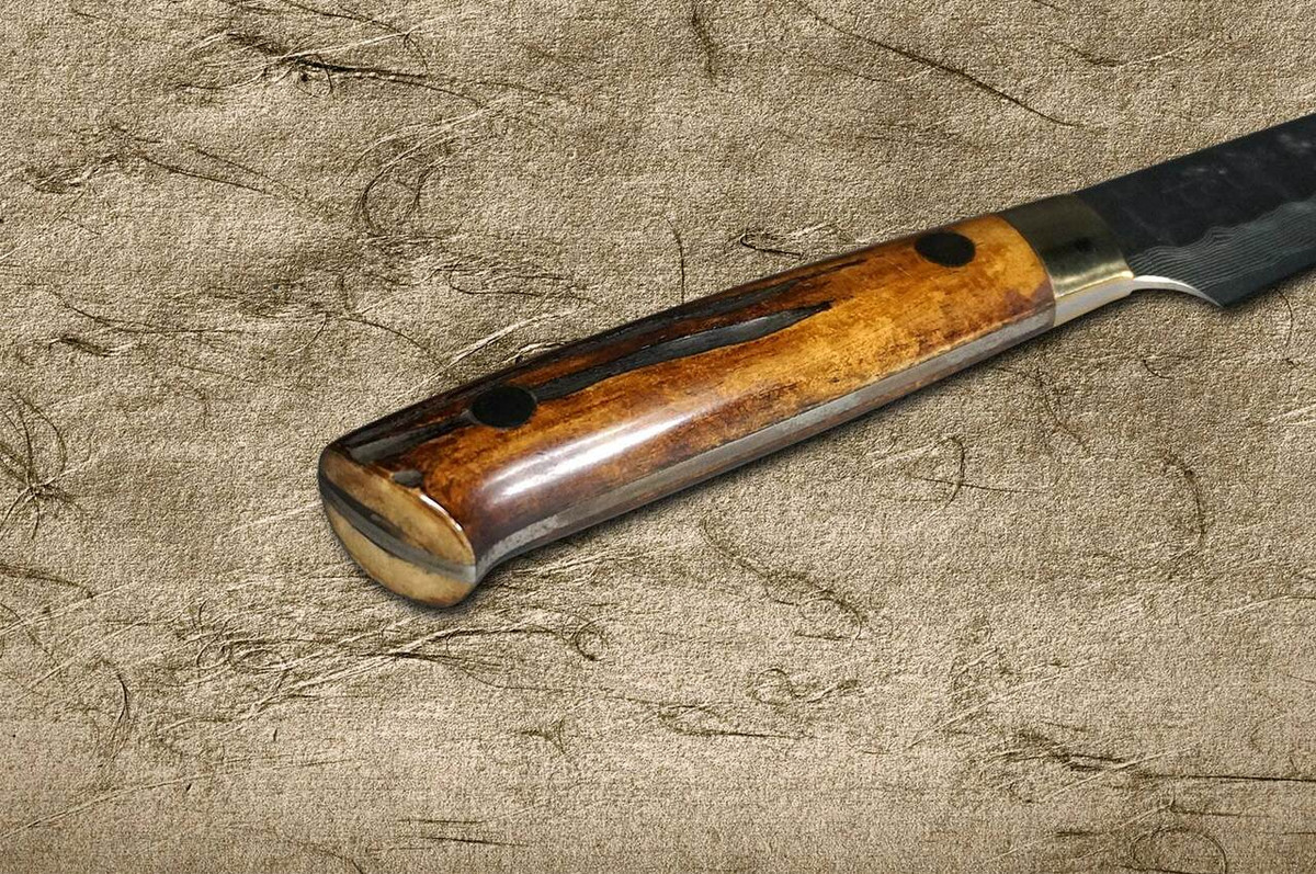 Takeshi Saji VG10 Mirror Hammered Damascus DHM Japanese Chefs Petty KnifeUtility 90mm with Brown Antler Handle