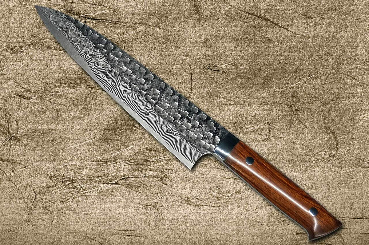 Takeshi Saji VG10 Mirror Hammered Damascus IRN Japanese Chefs Gyuto Knife 210mm with Desert Ironwood Handle