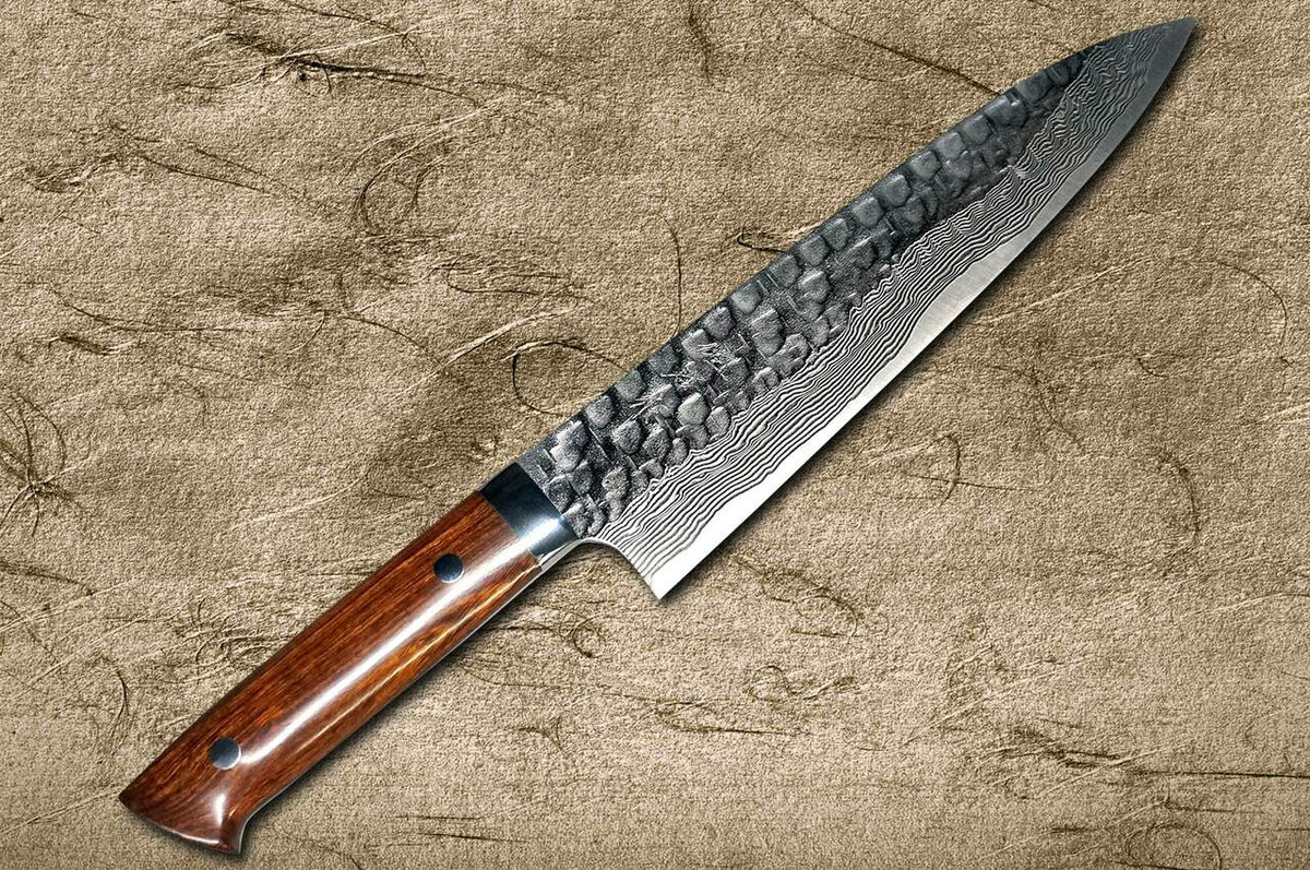 Takeshi Saji VG10 Mirror Hammered Damascus IRN Japanese Chefs Gyuto Knife 210mm with Desert Ironwood Handle