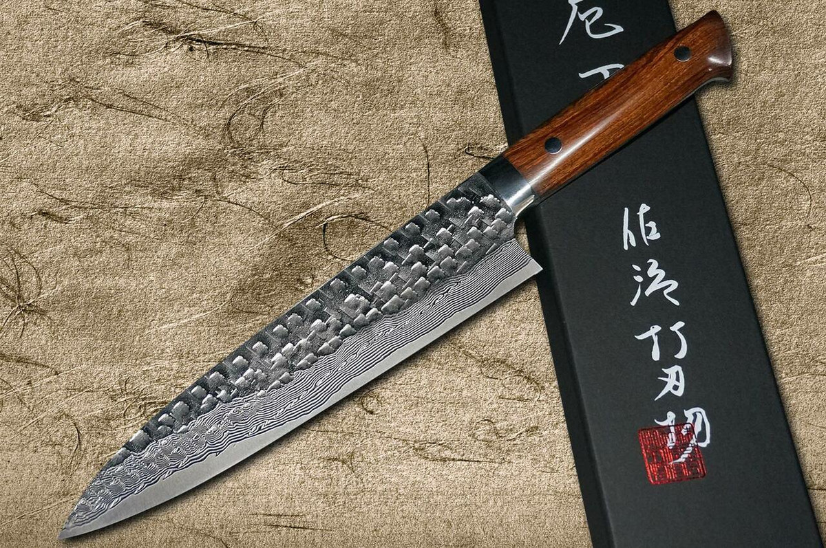 Takeshi Saji VG10 Mirror Hammered Damascus IRN Japanese Chefs Gyuto Knife 210mm with Desert Ironwood Handle