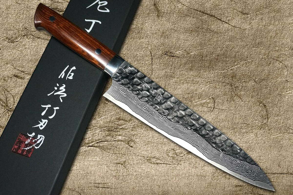 Takeshi Saji VG10 Mirror Hammered Damascus IRN Japanese Chefs Gyuto Knife 210mm with Desert Ironwood Handle