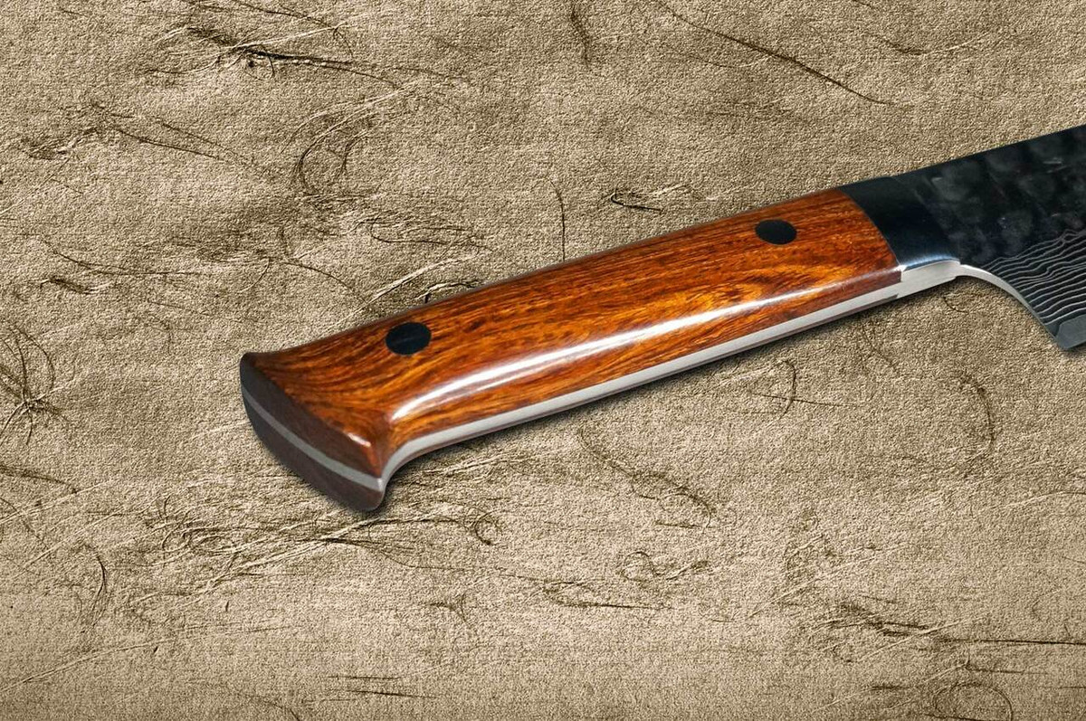 Takeshi Saji VG10 Mirror Hammered Damascus IRN Japanese Chefs Santoku Knife 180mm with Desert Ironwood Handle