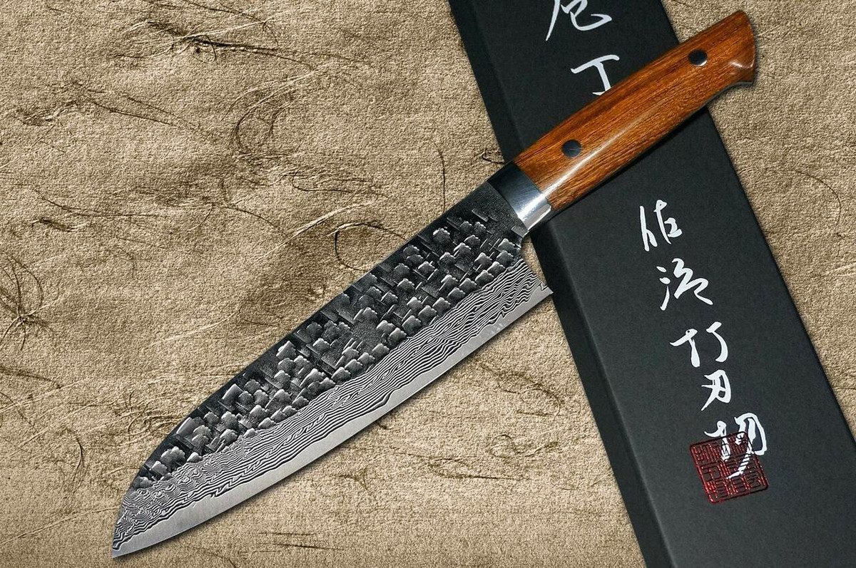 Takeshi Saji VG10 Mirror Hammered Damascus IRN Japanese Chefs Santoku Knife 180mm with Desert Ironwood Handle