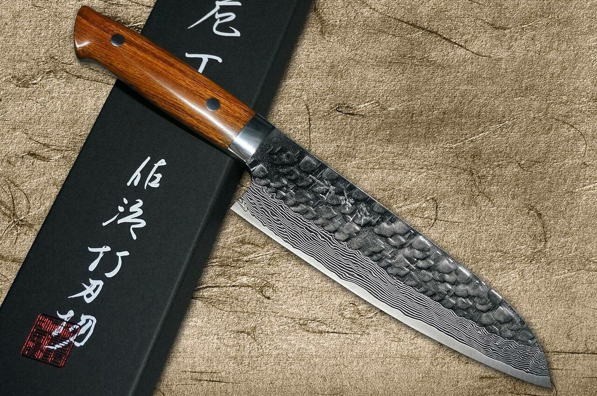 Takeshi Saji VG10 Mirror Hammered Damascus IRN Japanese Chefs Santoku Knife 180mm with Desert Ironwood Handle