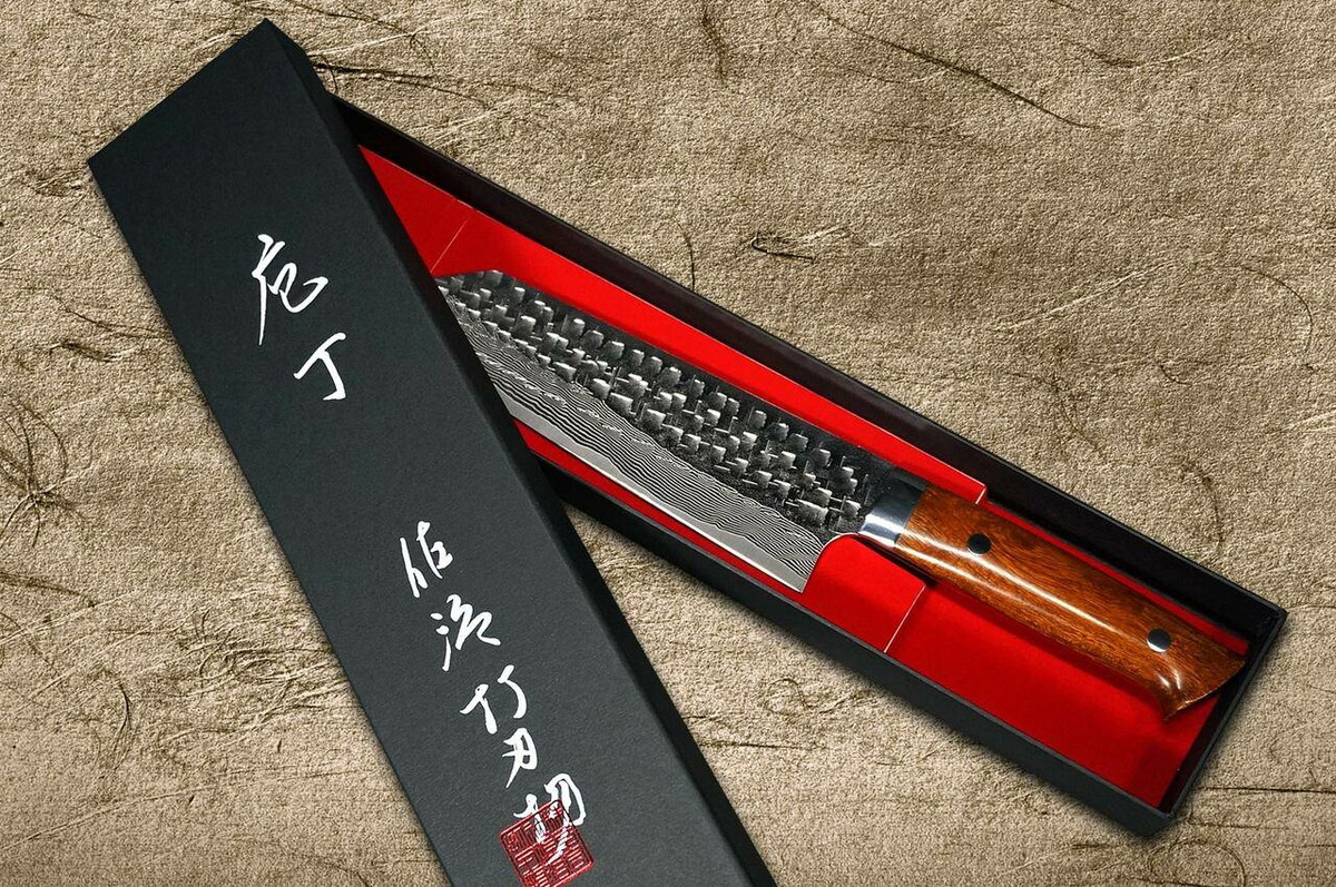 Takeshi Saji VG10 Mirror Hammered Damascus IRN Japanese Chefs Bunka Knife 180mm with Desert Ironwood Handle