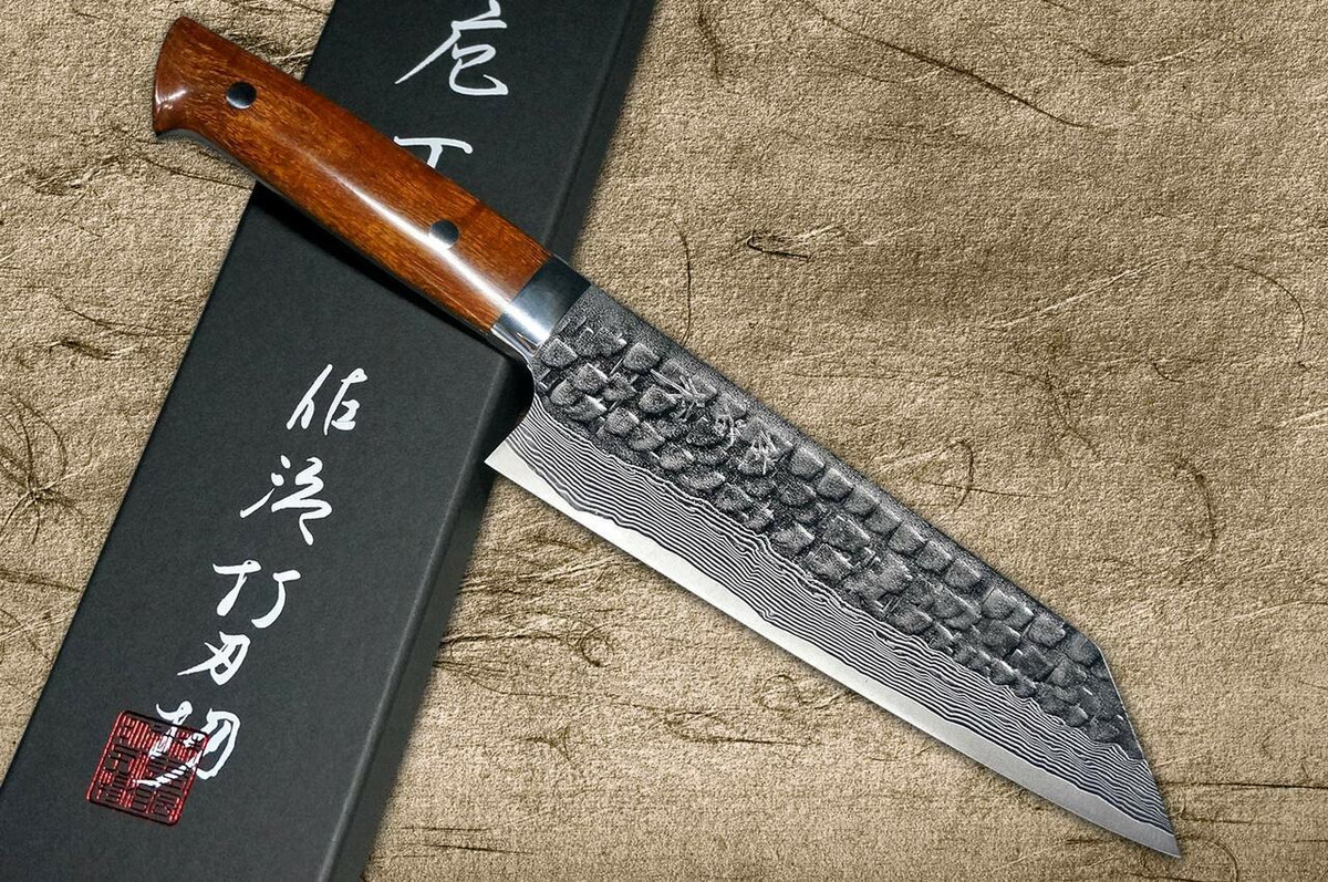Takeshi Saji VG10 Mirror Hammered Damascus IRN Japanese Chefs Bunka Knife 180mm with Desert Ironwood Handle