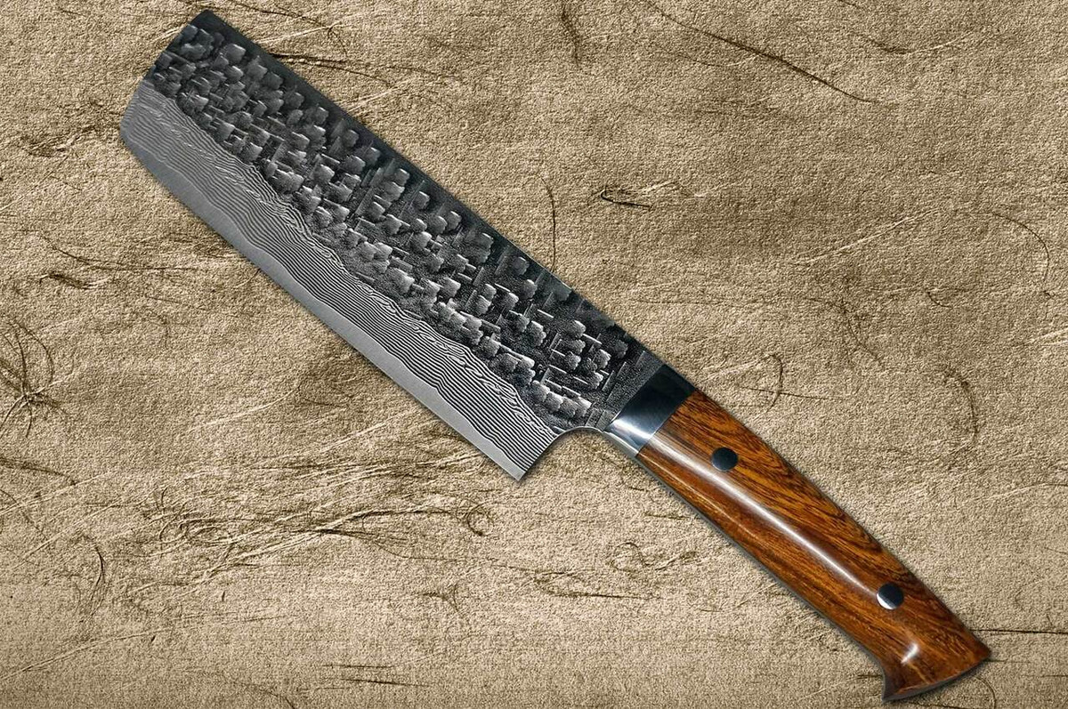 Takeshi Saji VG10 Mirror Hammered Damascus IRN Japanese Chefs NakiriVegetable 170mm with Desert Ironwood Handle
