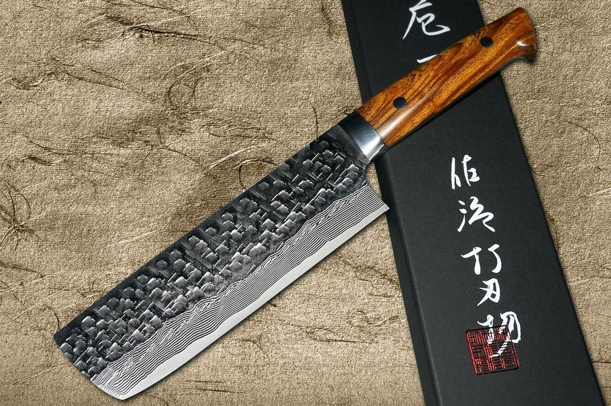 Takeshi Saji VG10 Mirror Hammered Damascus IRN Japanese Chefs NakiriVegetable 170mm with Desert Ironwood Handle