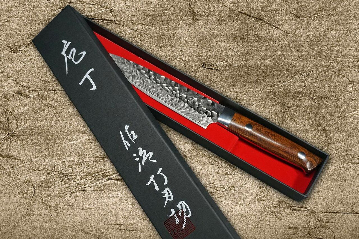 Takeshi Saji VG10 Mirror Hammered Damascus IRN Japanese Chefs Petty KnifeUtility 150mm with Desert Ironwood Handle